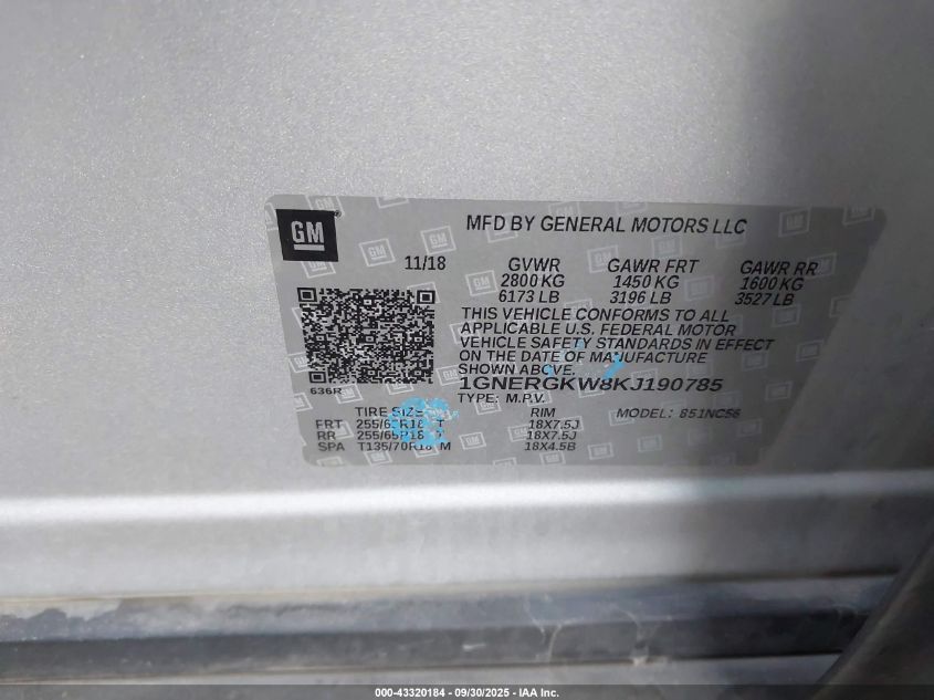 2019 Chevrolet Traverse 1Lt VIN: 1GNERGKW8KJ190785 Lot: 43320184