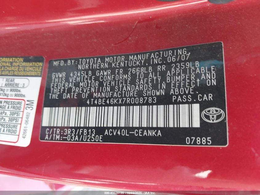2007 Toyota Camry Le VIN: 4T4BE46KX7R008783 Lot: 43320199