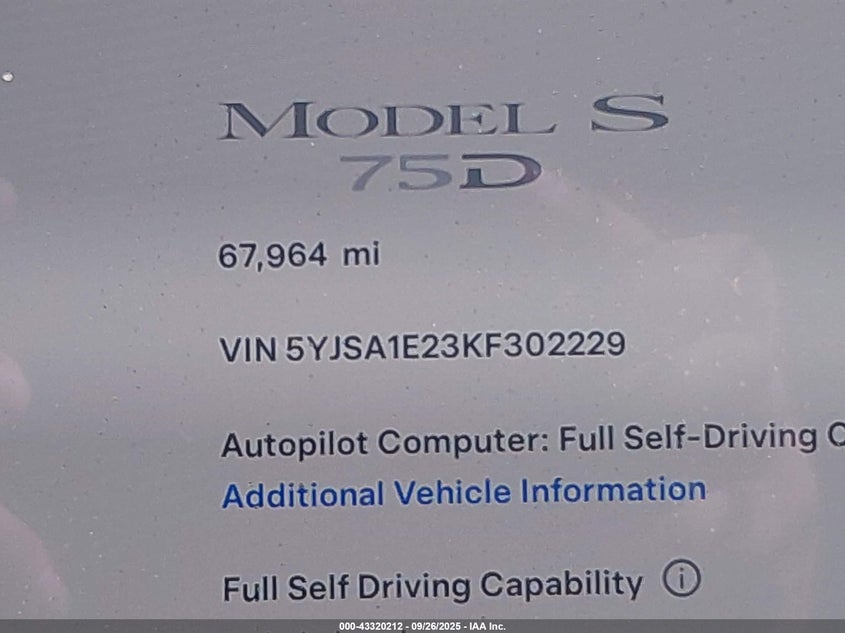2019 Tesla Model S 100D/75D/Long Range/Standard Range VIN: 5YJSA1E23KF302229 Lot: 43320212