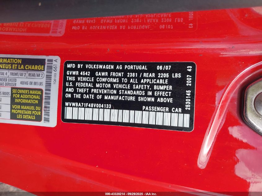 2008 Volkswagen Eos Komfort/Turbo VIN: WVWBA71F48V004133 Lot: 43320214