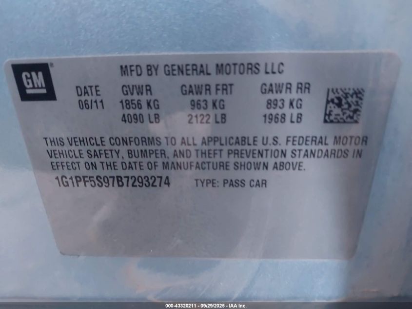 2011 Chevrolet Cruze 1Lt VIN: 1G1PF5S97B7293274 Lot: 43320211