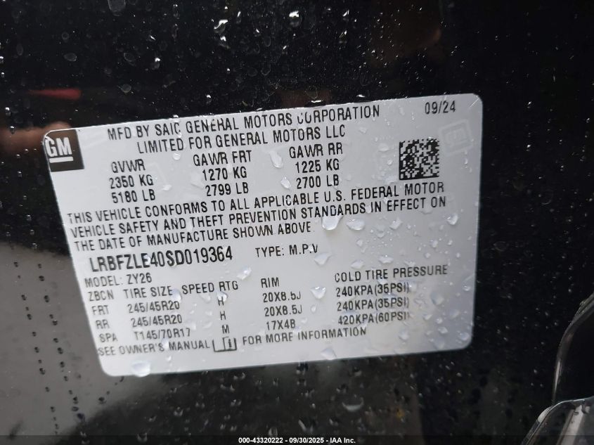 2025 Buick Envision Sport Touring Awd VIN: LRBFZLE40SD019364 Lot: 43320222