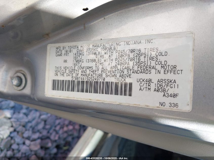 2002 Toyota Tundra Sr5 V8 VIN: 5TBBT44192S249710 Lot: 43320235