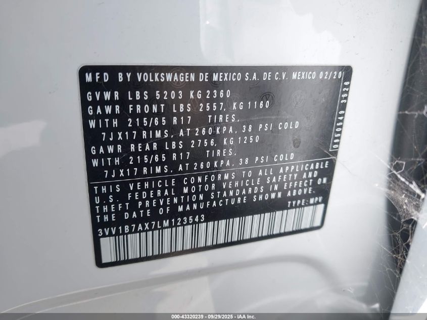 2020 Volkswagen Tiguan 2.0T S VIN: 3VV1B7AX7LM123543 Lot: 43320239