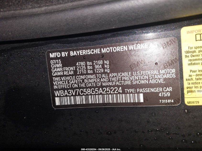 2016 BMW 428I VIN: WBA3V7C58G5A25224 Lot: 43320254