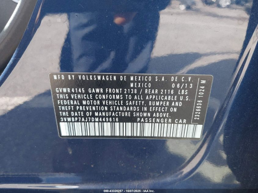 2013 Volkswagen Jetta 2.5L Se VIN: 3VWBP7AJ7DM449616 Lot: 43320257