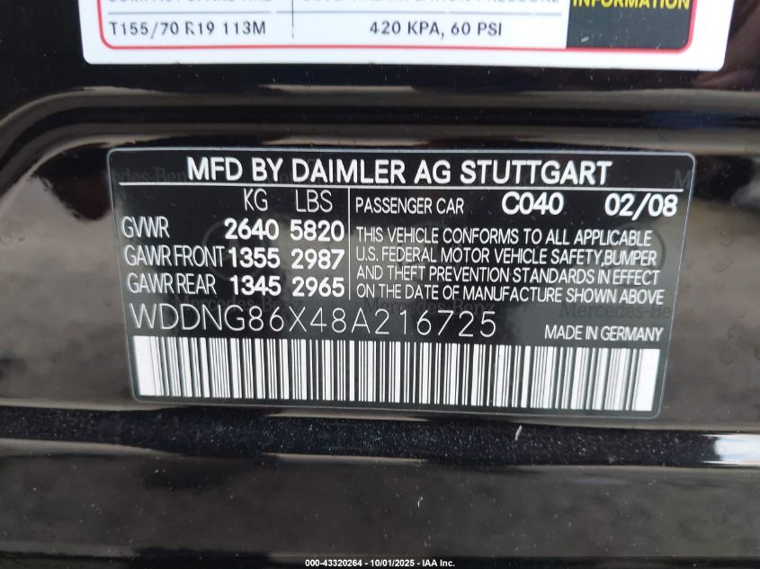 2008 Mercedes-Benz S 550 4Matic VIN: WDDNG86X48A216725 Lot: 43320264