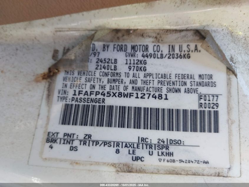 1998 Ford Mustang Gt VIN: 1FAFP45X8WF127481 Lot: 43320269