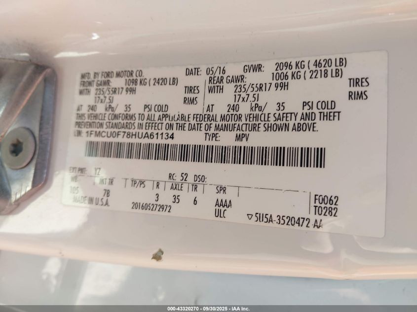 2017 Ford Escape S VIN: 1FMCU0F78HUA61134 Lot: 43320270