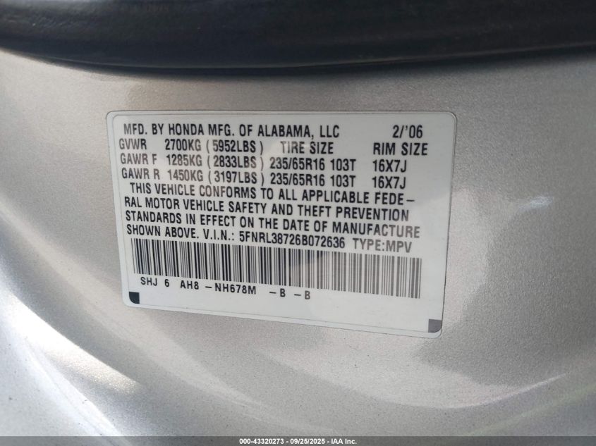2006 Honda Odyssey Ex-L VIN: 5FNRL38726B072636 Lot: 43320273