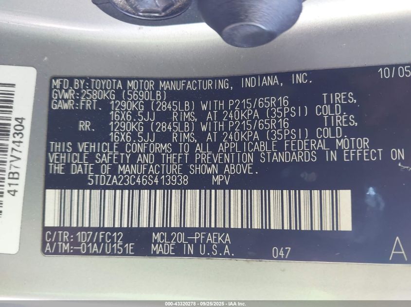 2006 Toyota Sienna Le VIN: 5TDZA23C46S413938 Lot: 43320278