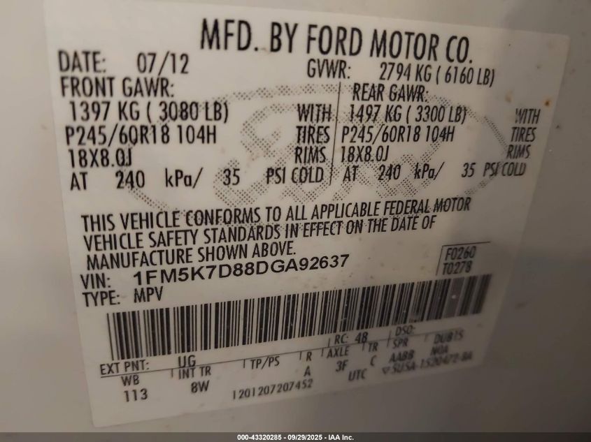 2013 Ford Explorer Xlt VIN: 1FM5K7D88DGA92637 Lot: 43320285