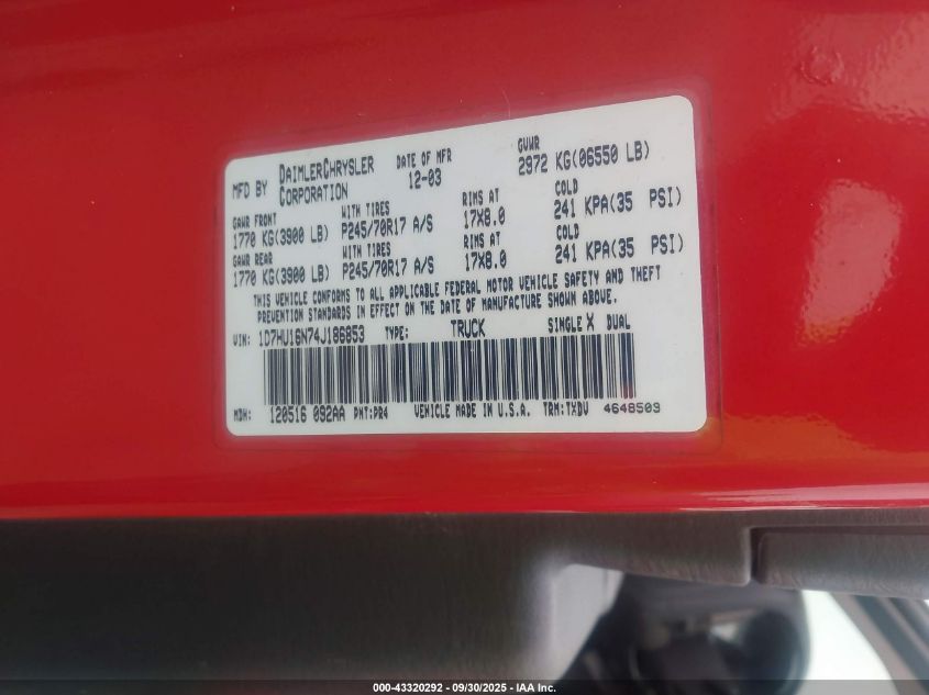 2004 Dodge Ram 1500 St VIN: 1D7HU16N74J186853 Lot: 43320292