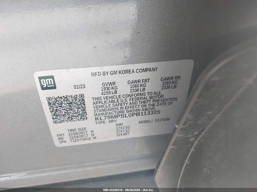 2023 Chevrolet Trailblazer Fwd Lt VIN: KL79MPSL0PB113325 Lot: 43320319