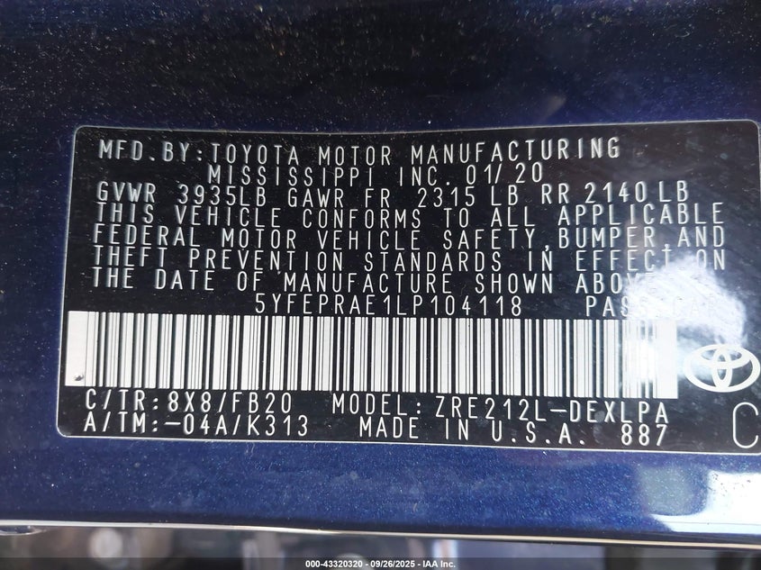 2020 TOYOTA COROLLA LE - 5YFEPRAE1LP104118