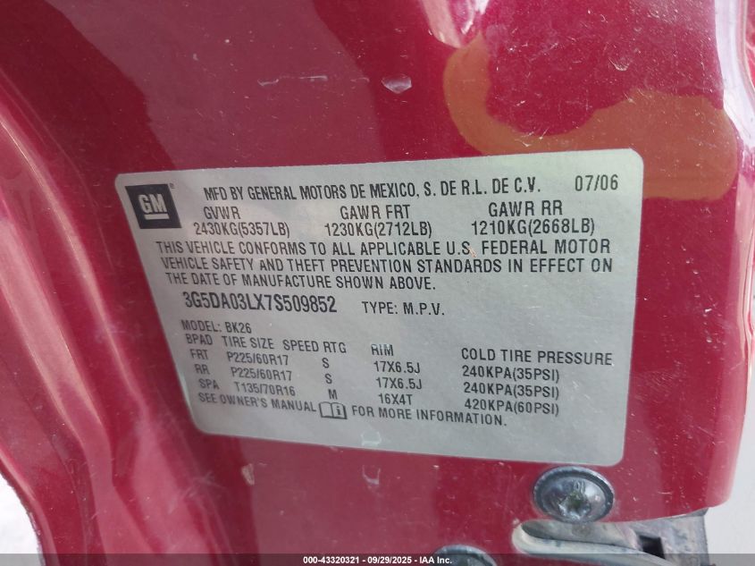 2007 Buick Rendezvous Cxl VIN: 3G5DA03LX7S509852 Lot: 43320321