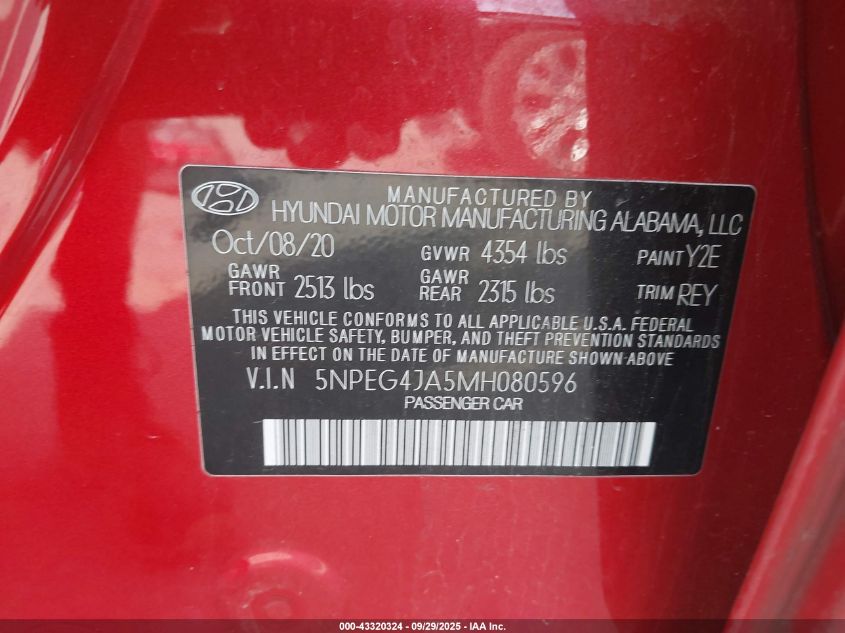 2021 Hyundai Sonata Se VIN: 5NPEG4JA5MH080596 Lot: 43320324