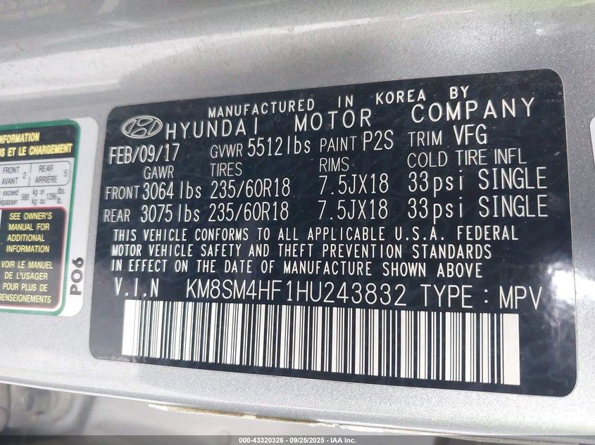 2017 HYUNDAI SANTA FE SE - KM8SM4HF1HU243832