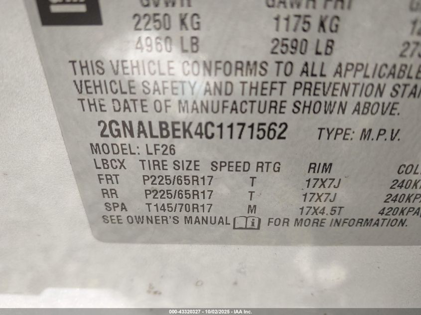 2012 Chevrolet Equinox Ls VIN: 2GNALBEK4C1171562 Lot: 43320327