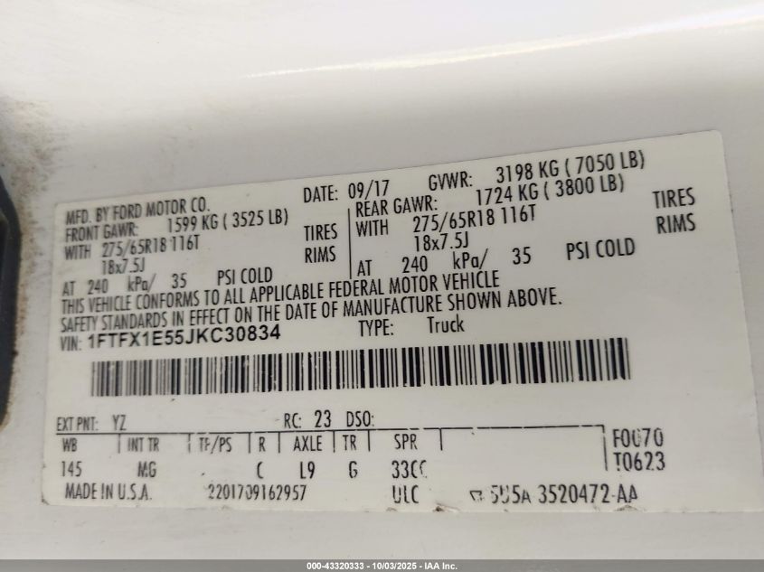 2018 Ford F-150 Xlt VIN: 1FTFX1E55JKC30834 Lot: 43320333
