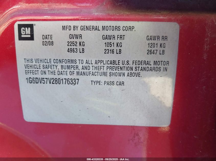 2008 Cadillac Cts Standard VIN: 1G6DV57V280176337 Lot: 43320339