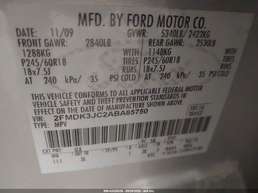 2010 Ford Edge Sel VIN: 2FMDK3JC2ABA85750 Lot: 43320336