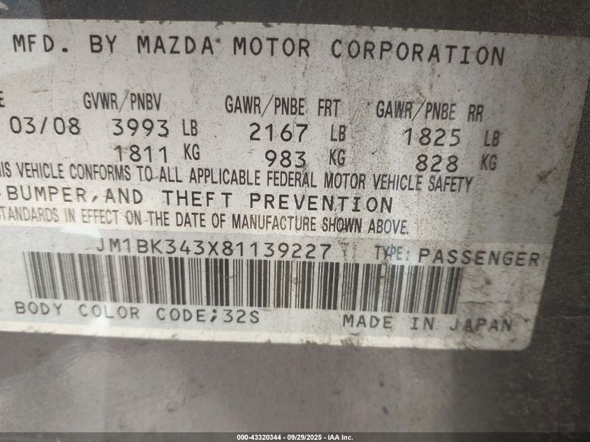 2008 Mazda Mazda3 S Grand Touring VIN: JM1BK343X81139227 Lot: 43320344
