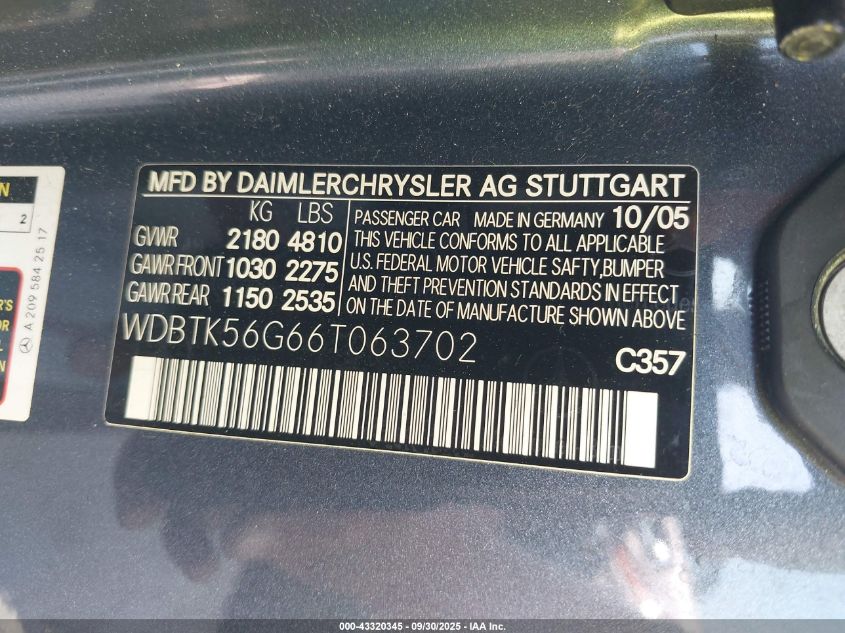 2006 Mercedes-Benz Clk 350 VIN: WDBTK56G66T063702 Lot: 43320345