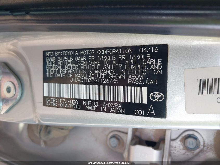 2016 Toyota Prius C One VIN: JTDKDTB33G1126735 Lot: 43320346