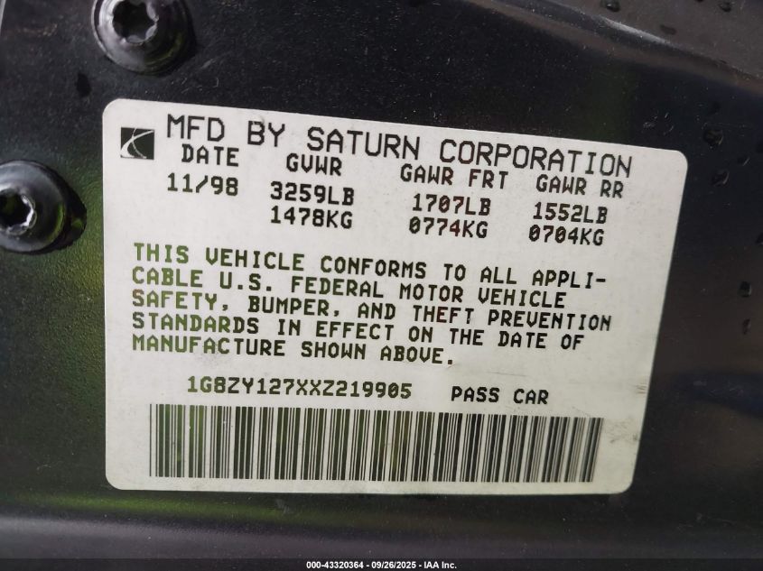 1999 Saturn Sc2 VIN: 1G8ZY127XXZ219905 Lot: 43320364