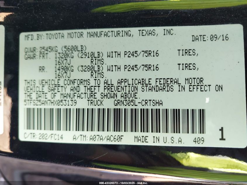 2017 Toyota Tacoma Sr5 V6 VIN: 5TFSZ5AN7HX053139 Lot: 43320373