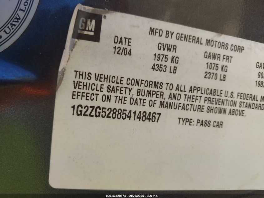 2005 Pontiac G6 VIN: 1G2ZG528854148467 Lot: 43320374
