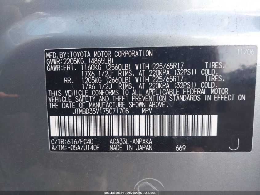 2007 Toyota Rav4 VIN: JTMBD35V175071708 Lot: 43320381