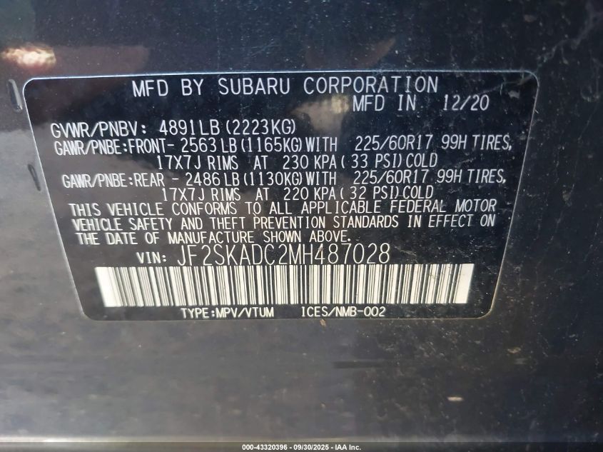 2021 Subaru Forester VIN: JF2SKADC2MH487028 Lot: 43320396