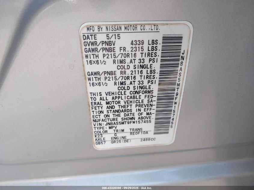 2015 Nissan Rogue Select S VIN: JN8AS5MT9FW157455 Lot: 43320398