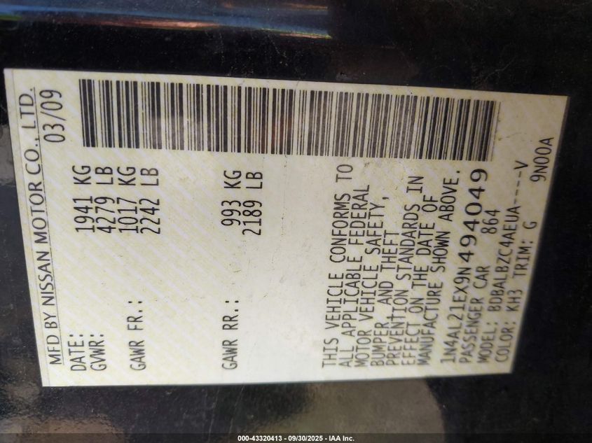 2009 Nissan Altima 2.5 S VIN: 1N4AL21EX9N494049 Lot: 43320413