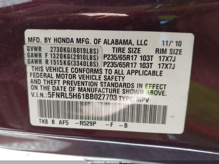 2011 Honda Odyssey Ex-L VIN: 5FNRL5H61BB027703 Lot: 43320416