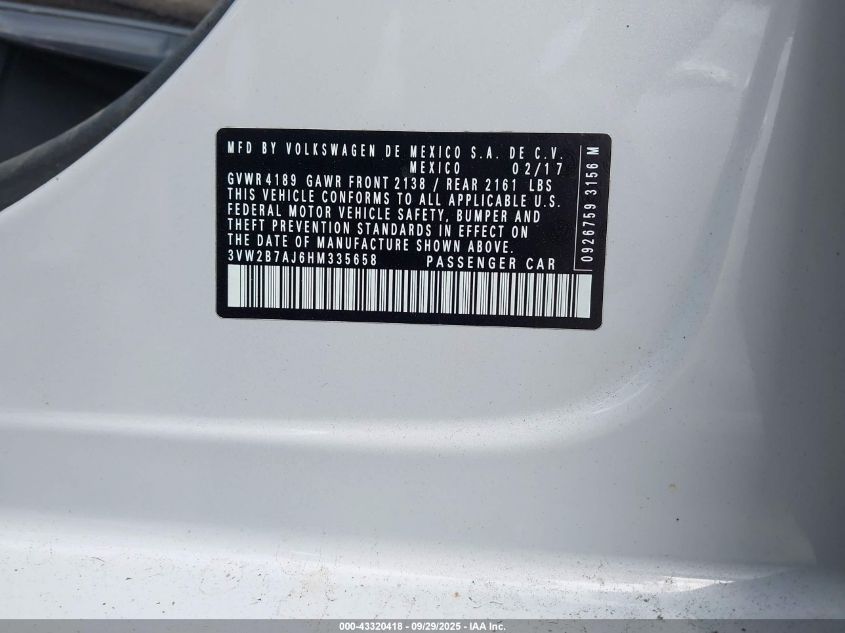 2017 Volkswagen Jetta 1.4T S VIN: 3VW2B7AJ6HM335658 Lot: 43320418