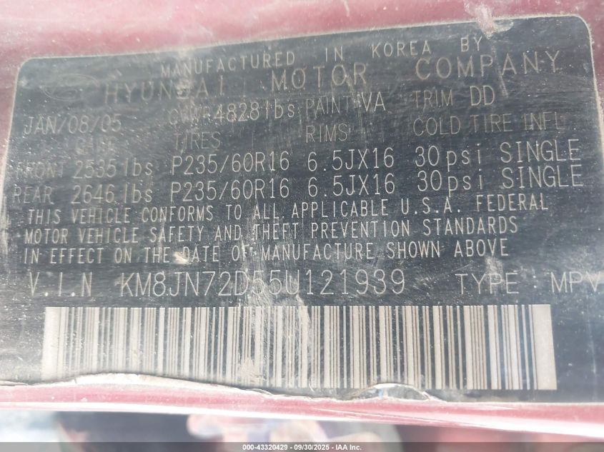 2005 Hyundai Tucson Gls/Lx VIN: KM8JN72D55U121939 Lot: 43320429