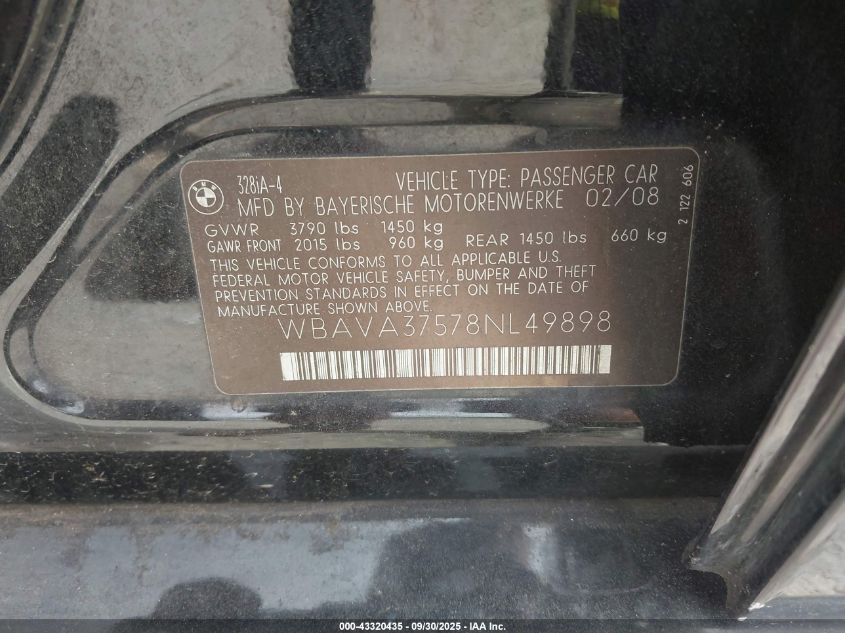2008 BMW 328I VIN: WBAVA37578NL49898 Lot: 43320435