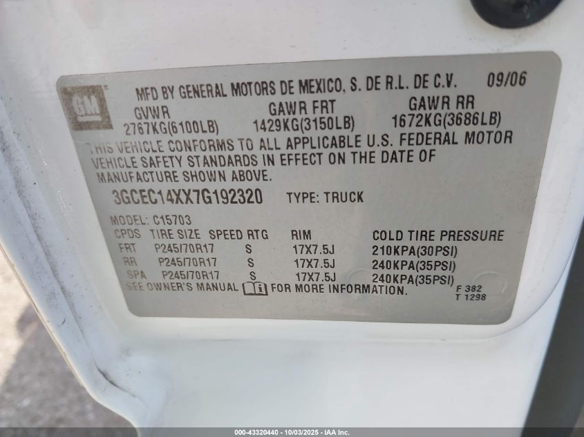 2007 Chevrolet Silverado 1500 Classic Work Truck VIN: 3GCEC14XX7G192320 Lot: 43320440