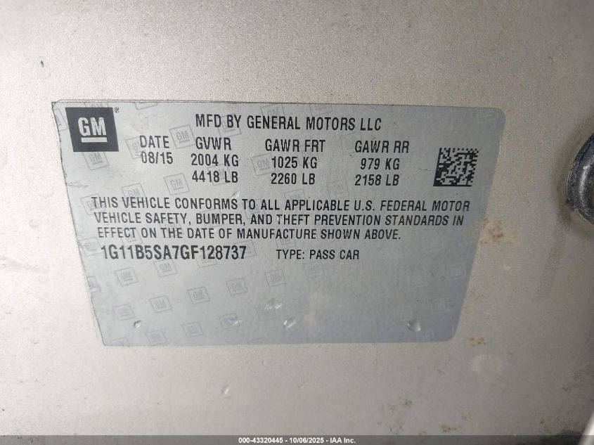 2016 Chevrolet Malibu Limited Ls VIN: 1G11B5SA7GF128737 Lot: 43320445
