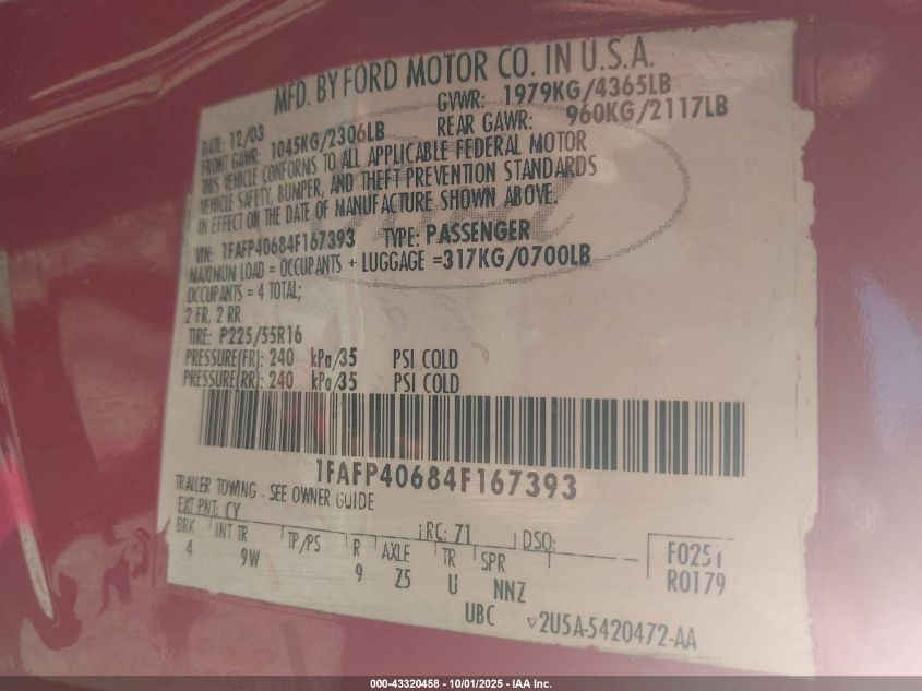 2004 Ford Mustang VIN: 1FAFP40684F167393 Lot: 43320458