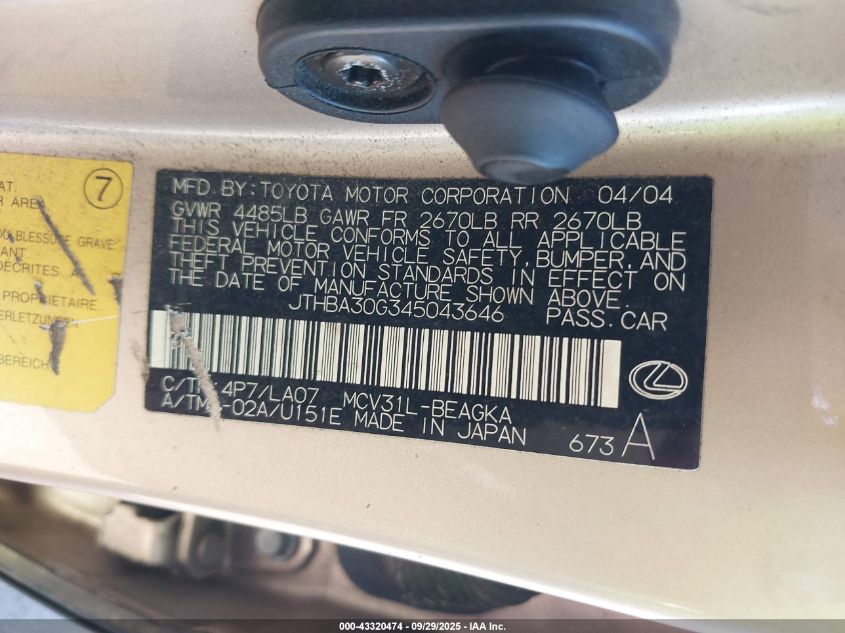2004 Lexus Es 330 VIN: JTHBA30G345043646 Lot: 43320474