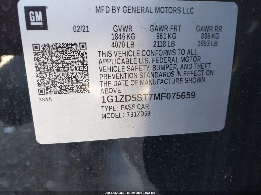 2021 Chevrolet Malibu Fwd Lt VIN: 1G1ZD5ST7MF075659 Lot: 43320469