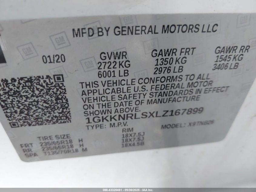 2020 GMC Acadia Fwd Sle VIN: 1GKKNRLSXLZ167899 Lot: 43320481