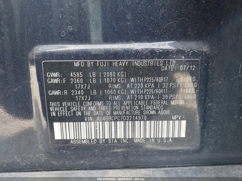 2013 SUBARU OUTBACK 2.5I LIMITED - 4S4BRCPC7D3214970