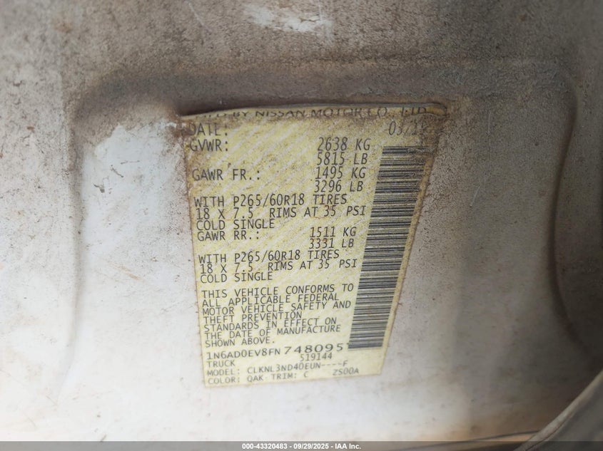 2015 Nissan Frontier Sl VIN: 1N6AD0EV8FN748095 Lot: 43320483