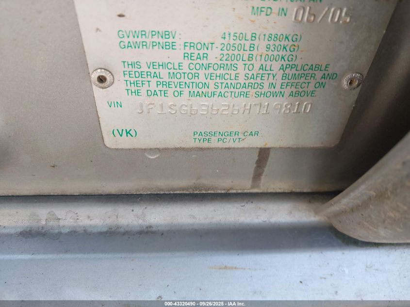 2006 Subaru Forester 2.5X VIN: JF1SG63626H719810 Lot: 43320490