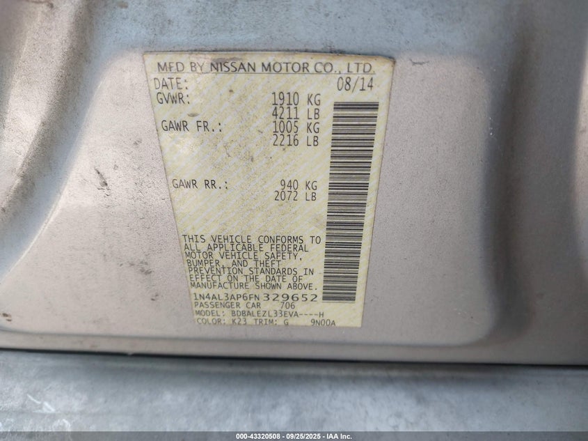 2015 Nissan Altima 2.5 S VIN: 1N4AL3AP6FN329652 Lot: 43320508